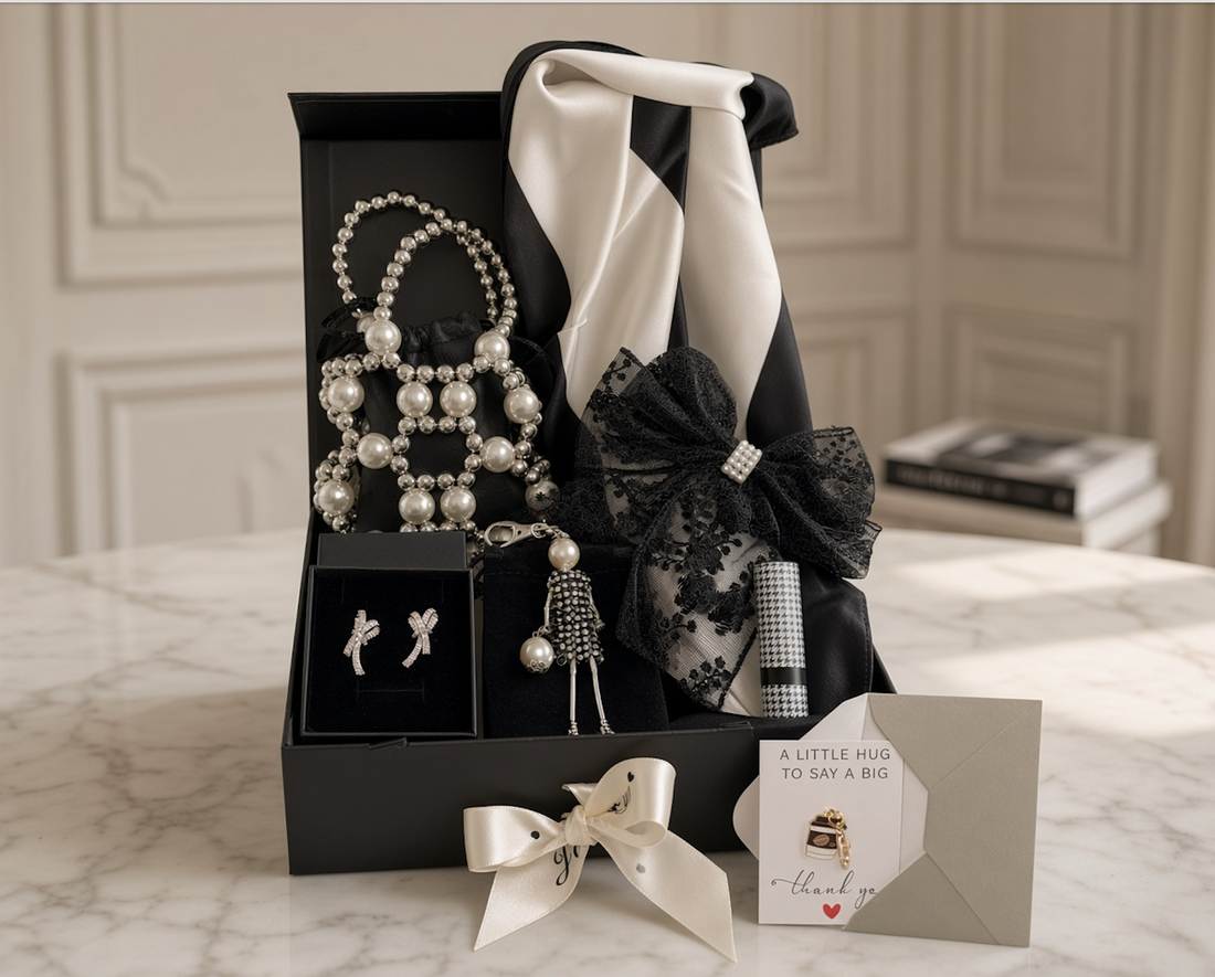 Paris Gift Box with pearl evening bag, black and ivory scarf and lace bow, a Paris-themed Christmas gift for her