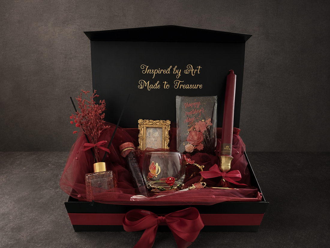 Klimt The Kiss gift box with rose glass teacup and burgundy candle, a Christmas gift for her under $70