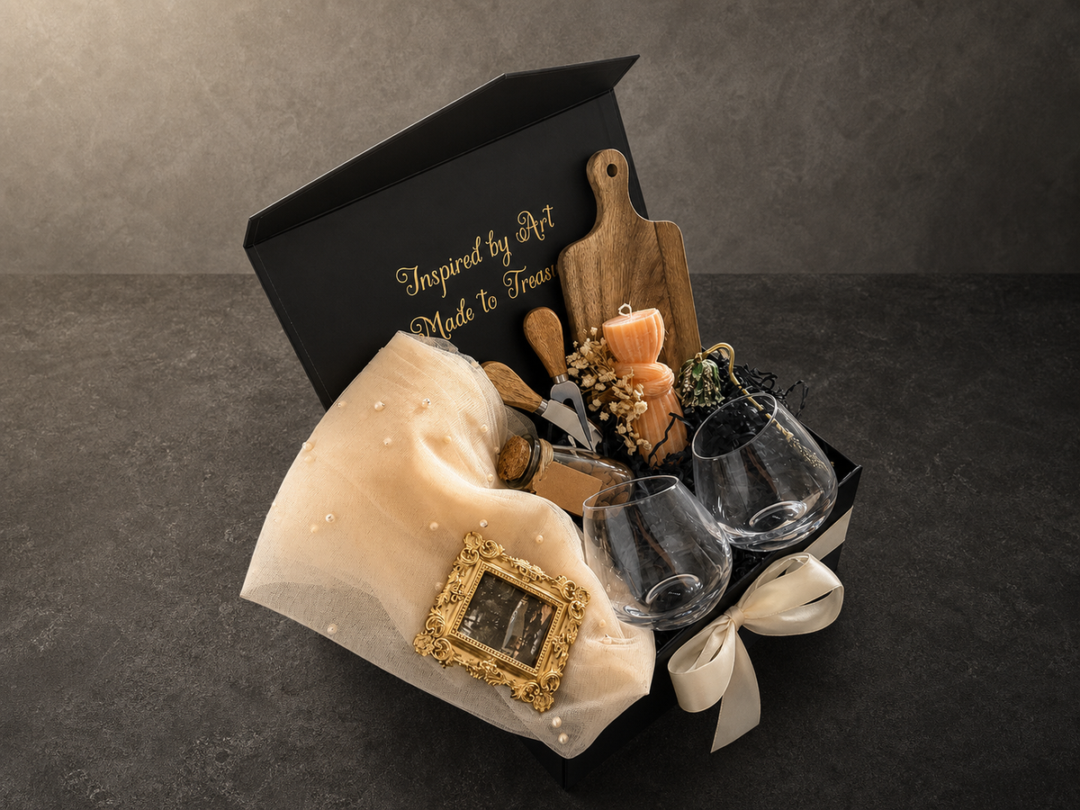 Open John Sargent The Wineglasses gift box with two wine glasses, cheese board and framed art