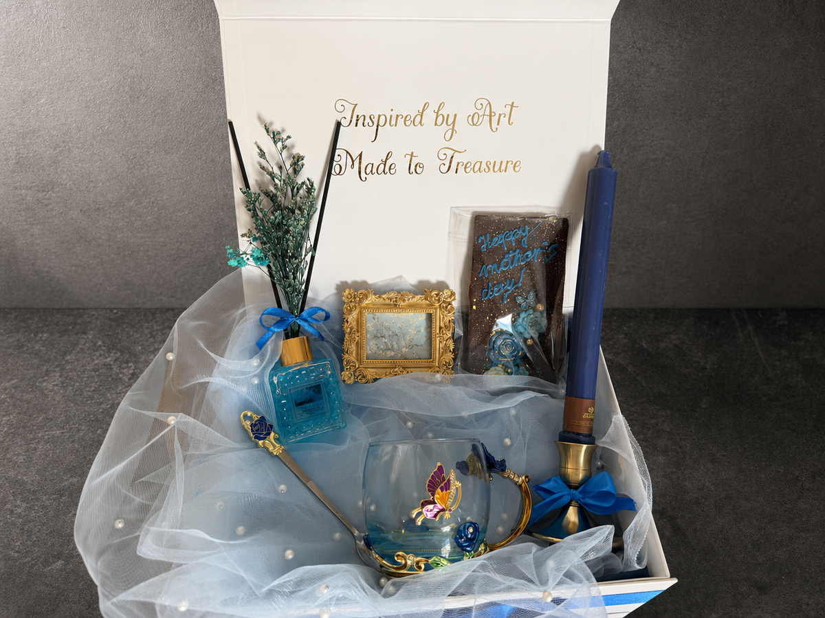Van Gogh Almond Blossom gift box with blue candle, glass cup and mini framed print