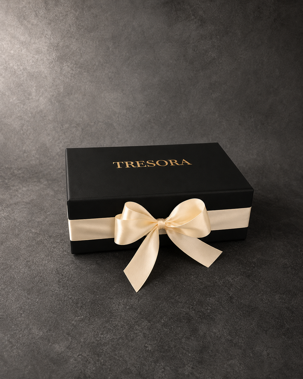 Closed black John Sargent The Wineglasses gift box with cream ribbon bow