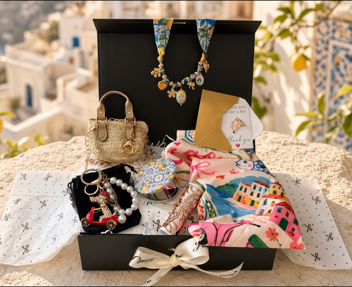 Amalfi Coast gift box with raffia mini bag, Riviera print scarf and red Vespa keychain