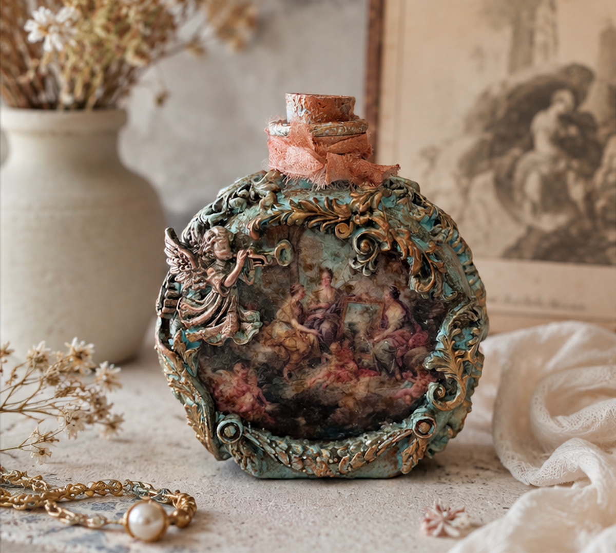 Handmade Rococo decoupage glass bottle in aged turquoise with pastoral scenes and gold scrollwork
