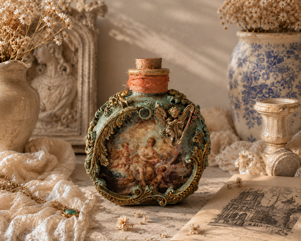 Antique turquoise bottle with pastoral scene and gold scrollwork from Rococo Reverie