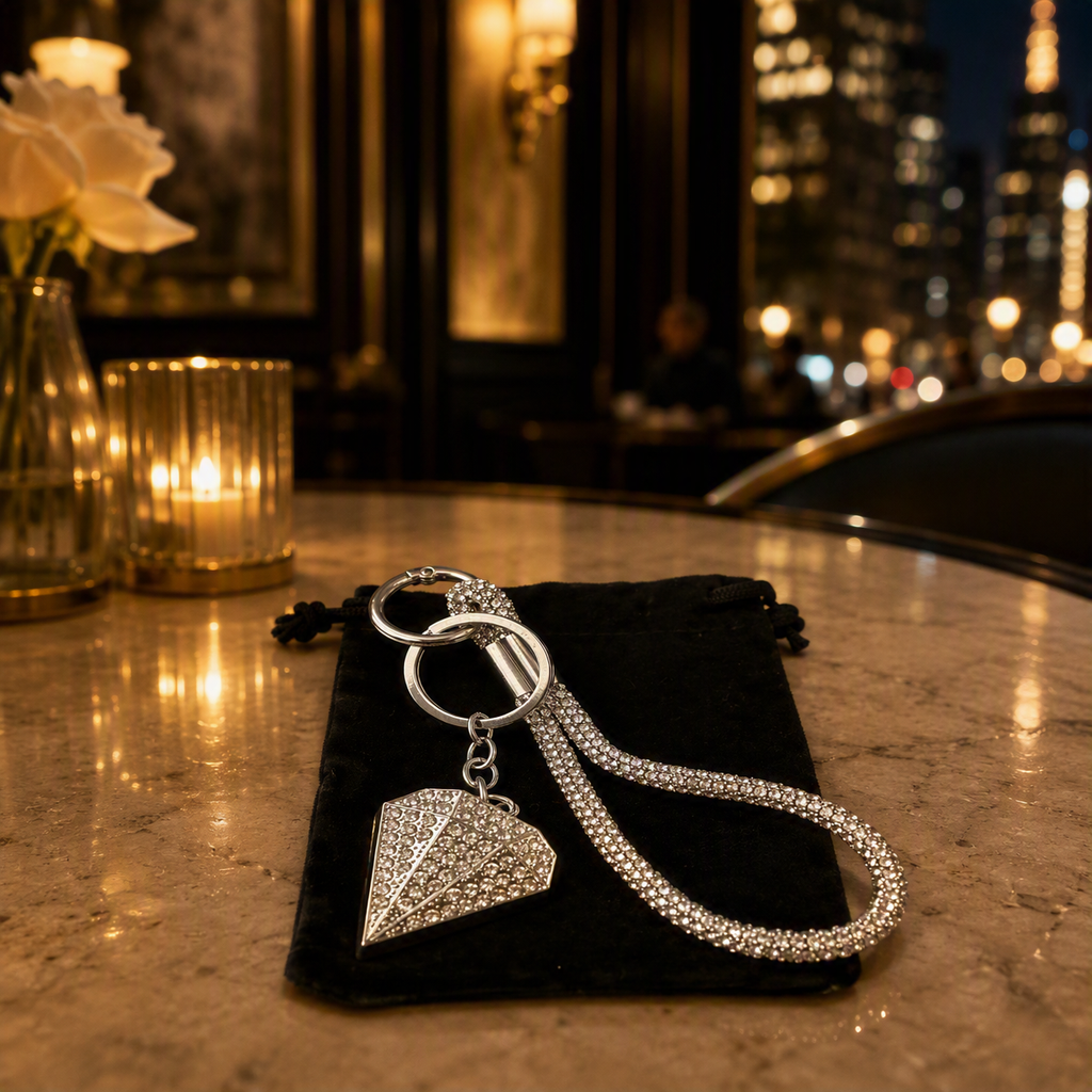 Diamond-shaped crystal keychain on a black pouch for the New York Gift Box