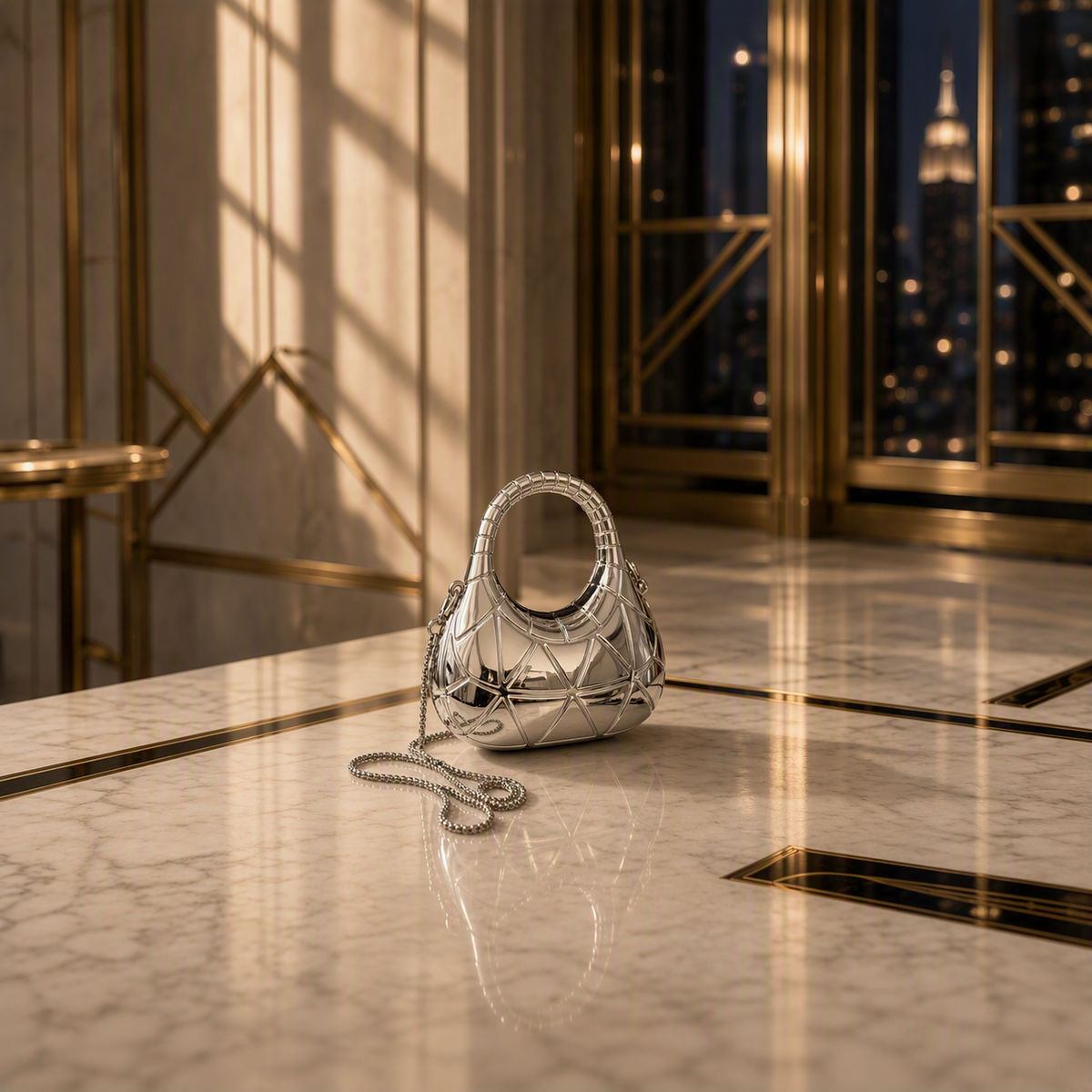 Silver quilted handbag with chain on marble for the New York Gift Box