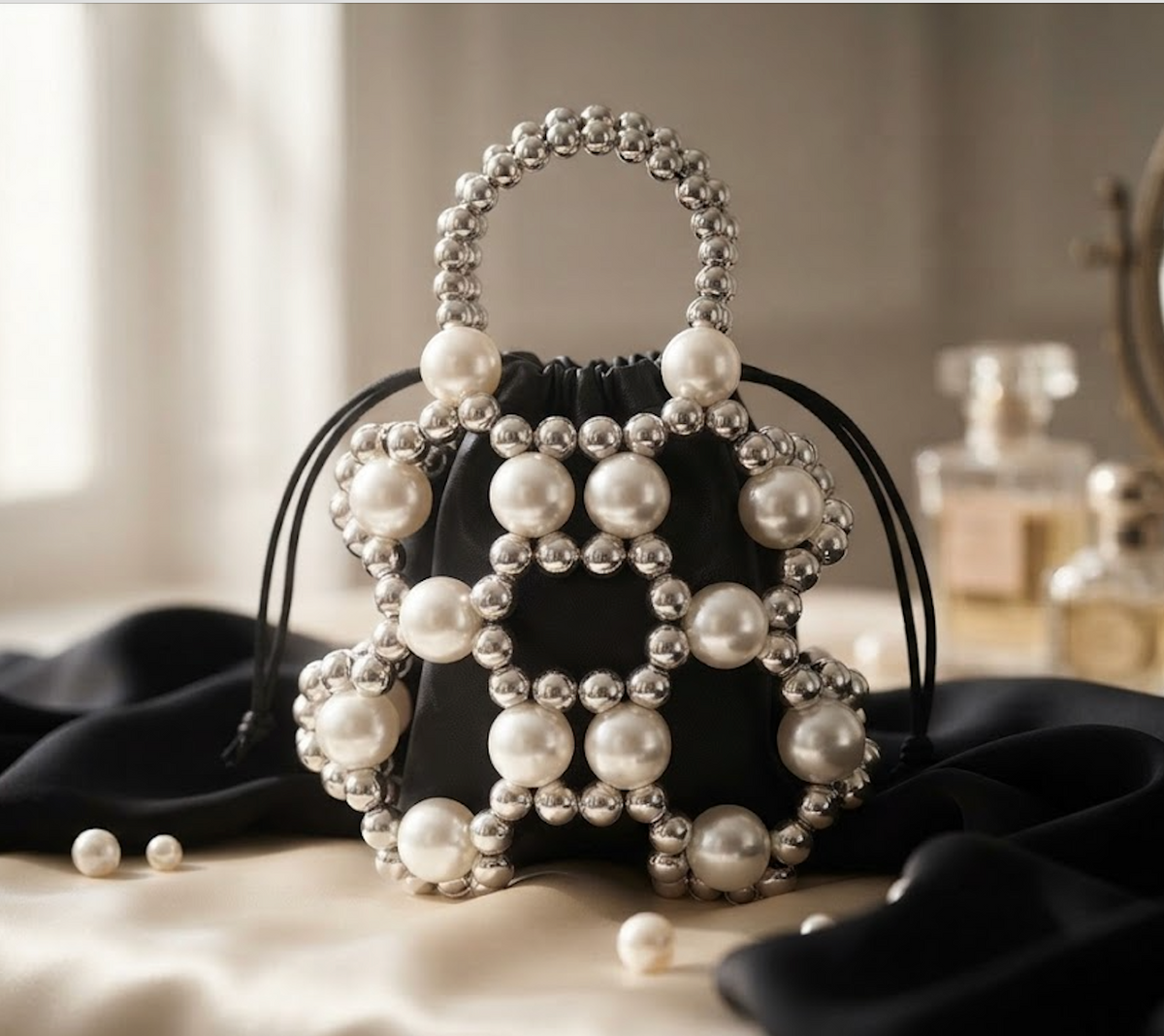 Black drawstring pouch decorated with large pearls for the Paris Gift Box