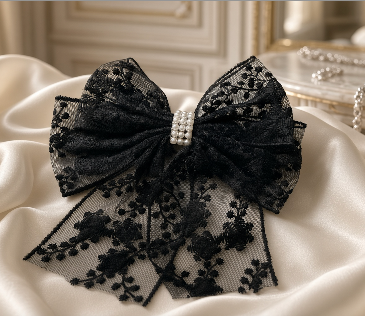 Black lace bow hair accessory with pearl center for the Paris Gift Box
