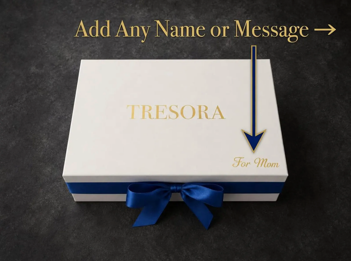 White Van Gogh Almond Blossom gift box with blue bow and gold 'For Mom' area