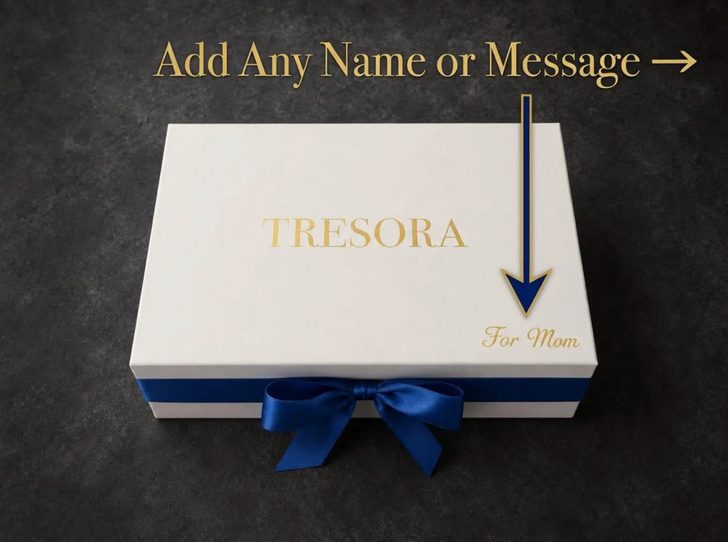 White Elegant Girl Pearl Earring gift box with blue bow and gold 'For Mom' area