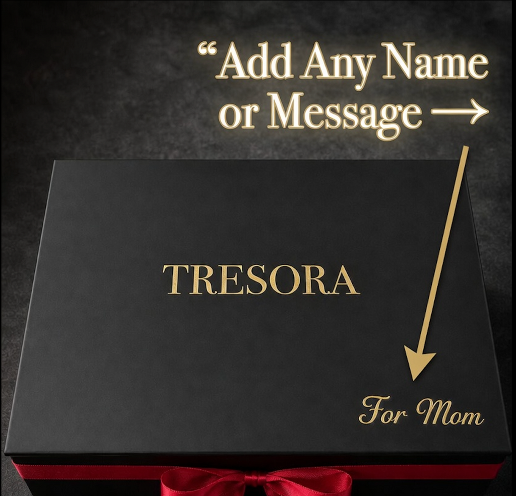 Black Caravaggio Bacchus wine gift box with red ribbon and gold 'For Mom' area