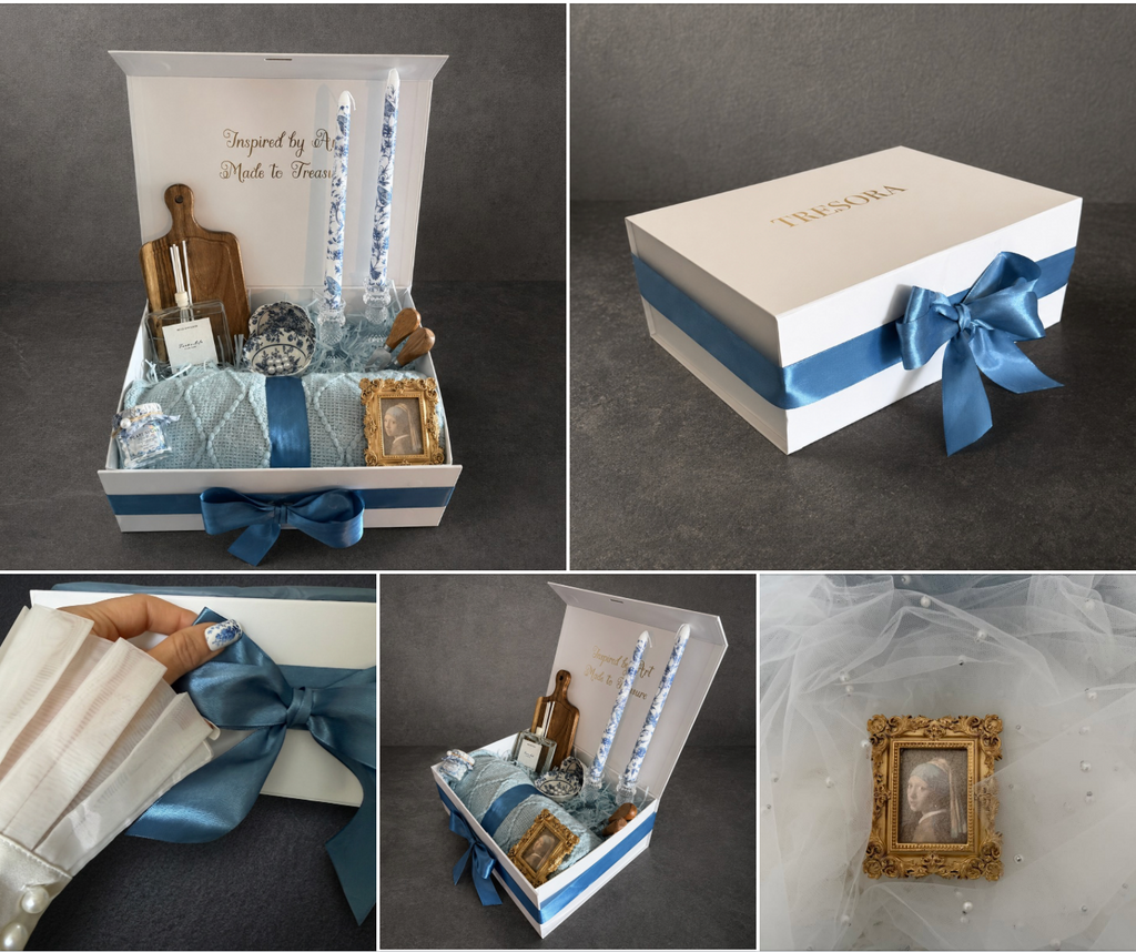 Vermeer Girl with a Pearl Earring gift box collage showing box, blue ribbon and framed portrait