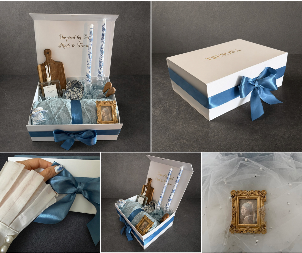 Vermeer Girl with a Pearl Earring gift box collage showing box, blue ribbon and framed portrait