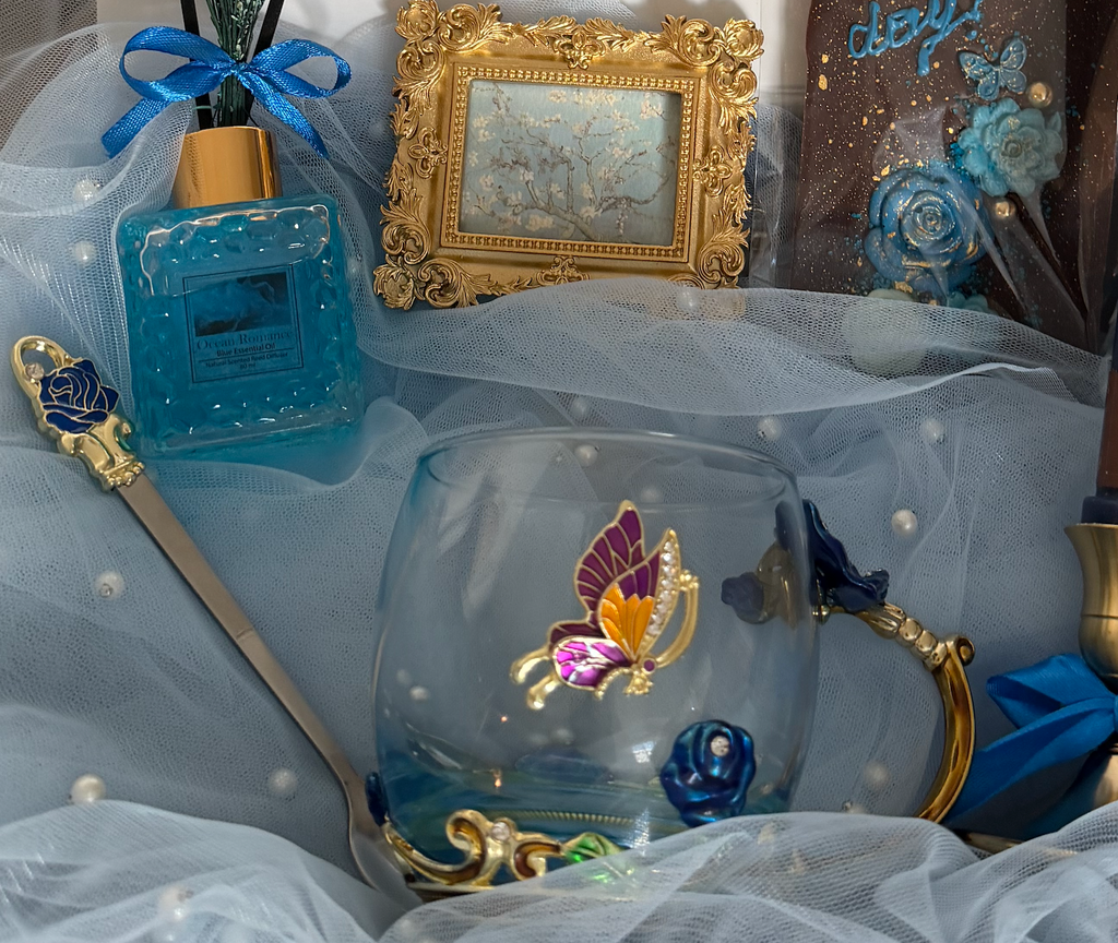 Butterfly glass cup and blue perfume bottle in the Van Gogh Almond Blossom gift box