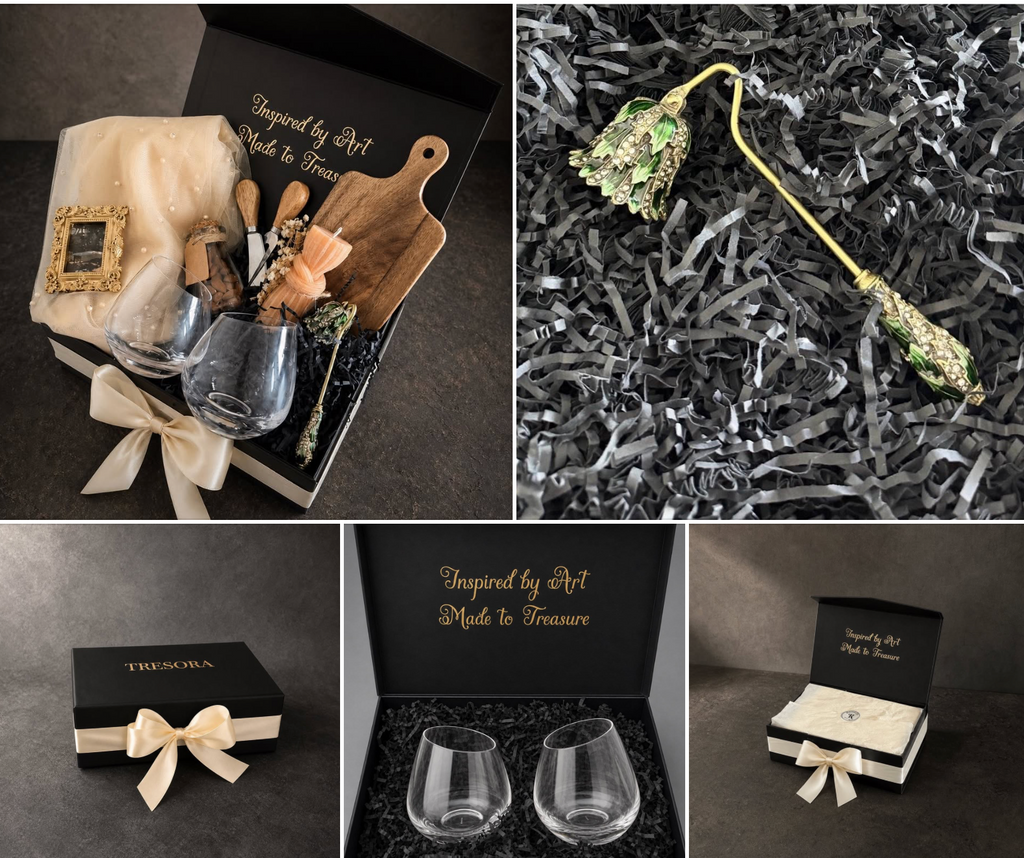 John Sargent The Wineglasses gift box collage with wine glasses, cream bow and framed art
