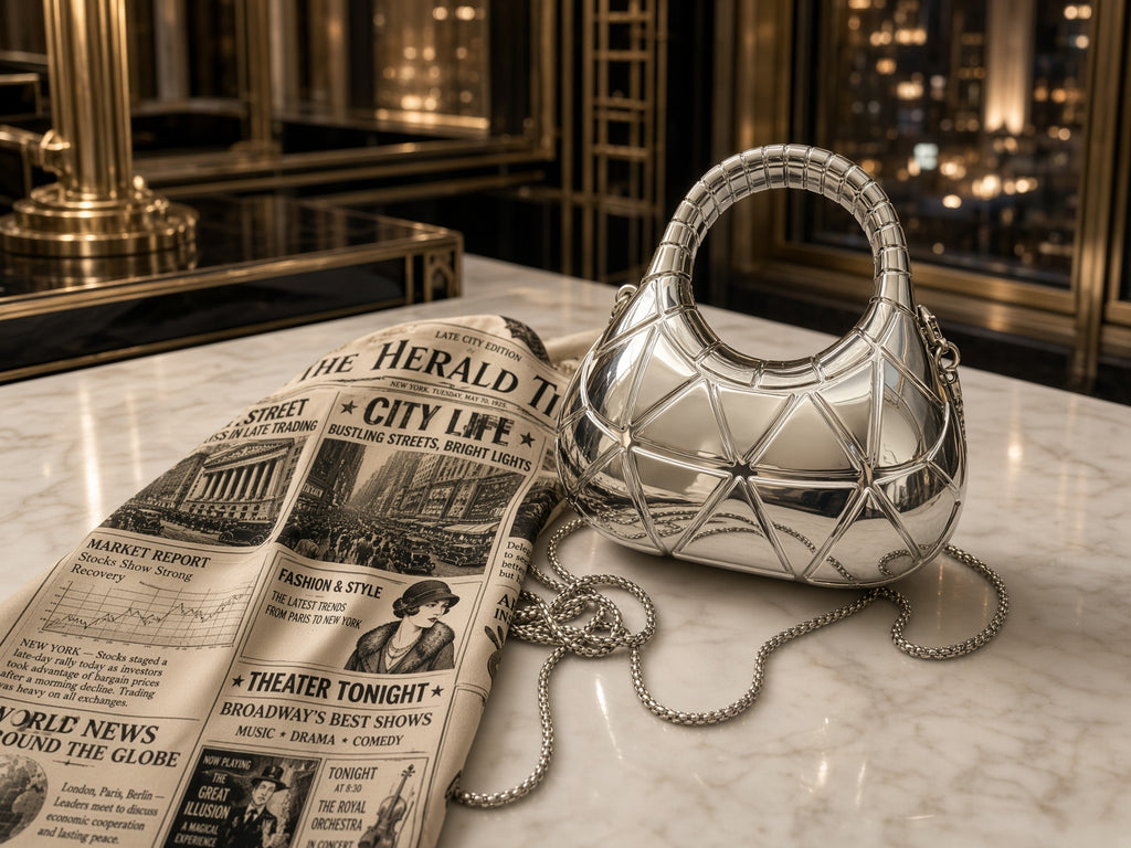 Silver geometric crescent handbag beside a newspaper for the New York Gift Box