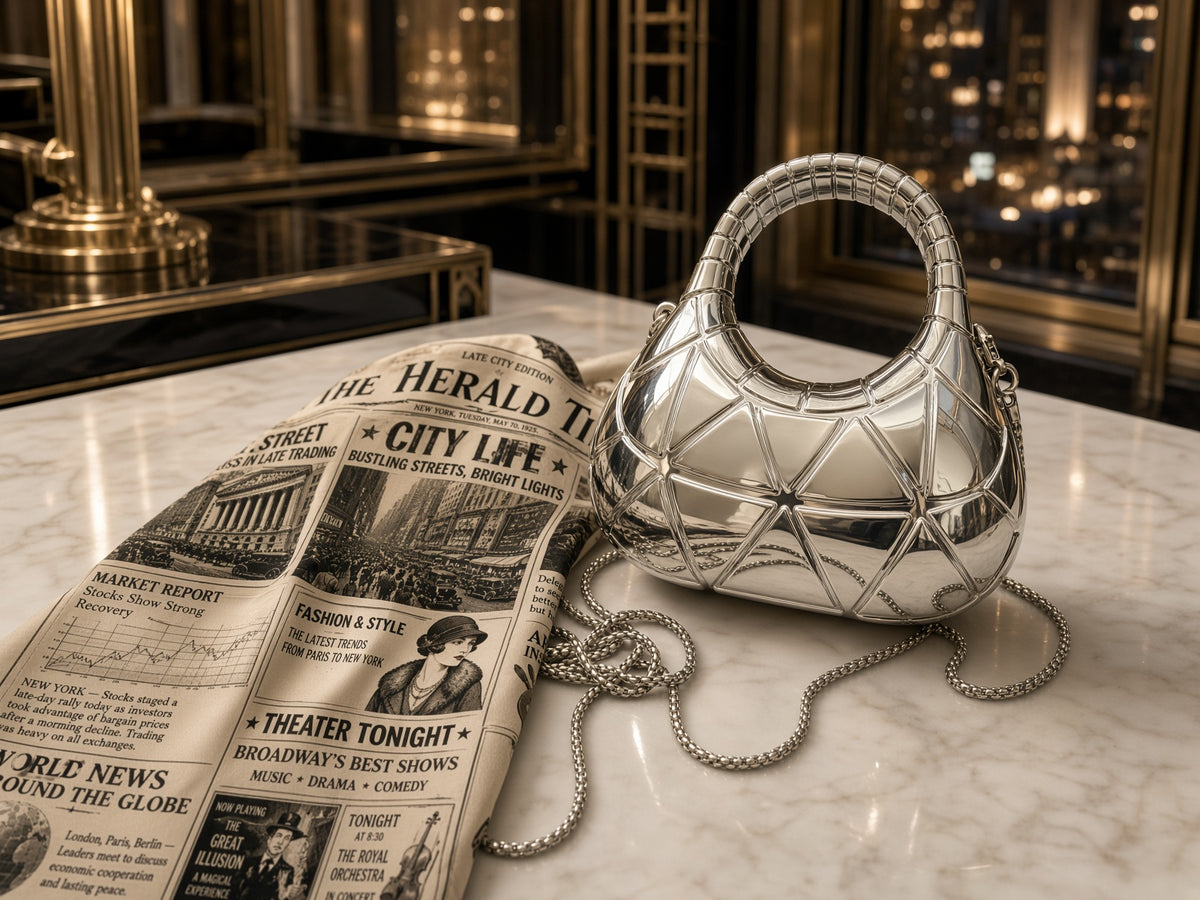 Silver geometric crescent handbag beside a newspaper for the New York Gift Box