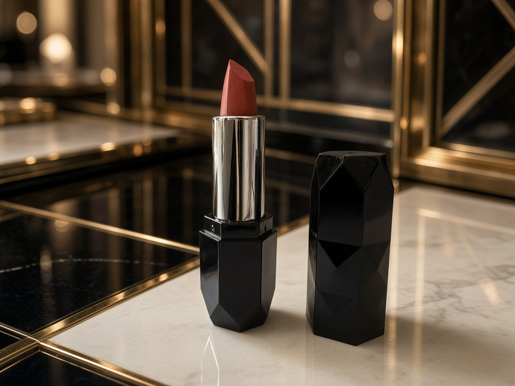 Faceted black lipstick with silver tube shown in the New York Gift Box