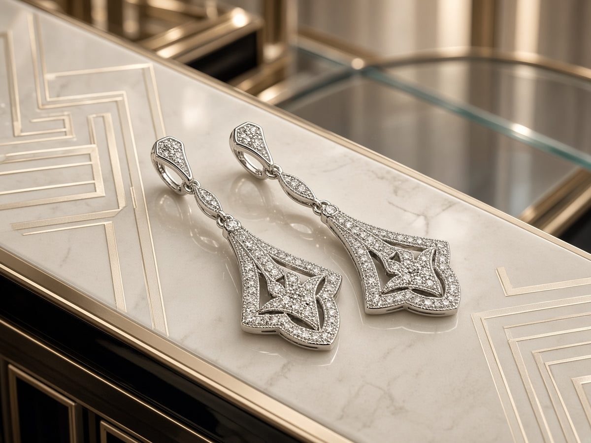 Ornate silver drop earrings displayed on geometric marble for the New York Gift Box