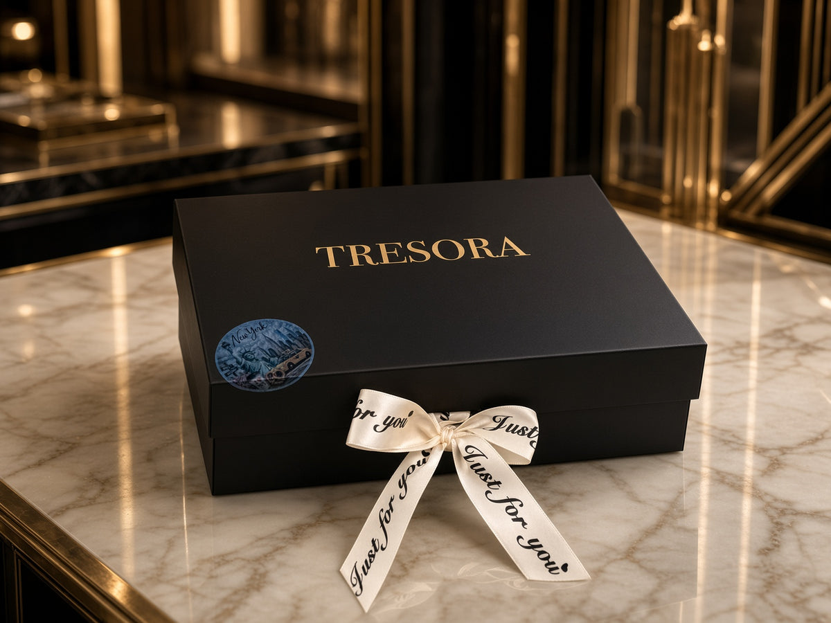 Black TRESORA gift box with white thank-you ribbon for the New York Gift Box
