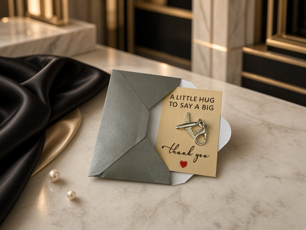 Small gift card with key charm in a gray envelope for the New York Gift Box