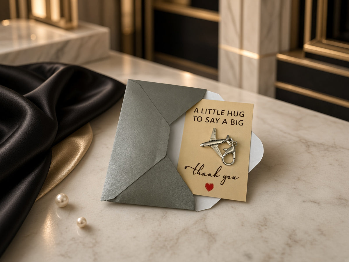 Small gift card with key charm in a gray envelope for the New York Gift Box