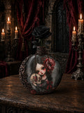 Handmade gothic decoupage glass bottle with skull, red peonies and aged bronze collar