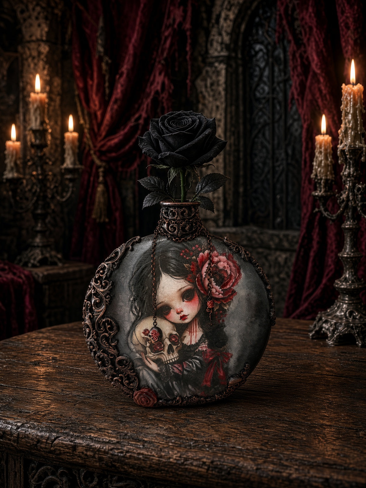 Handmade gothic decoupage glass bottle with skull, red peonies and aged bronze collar