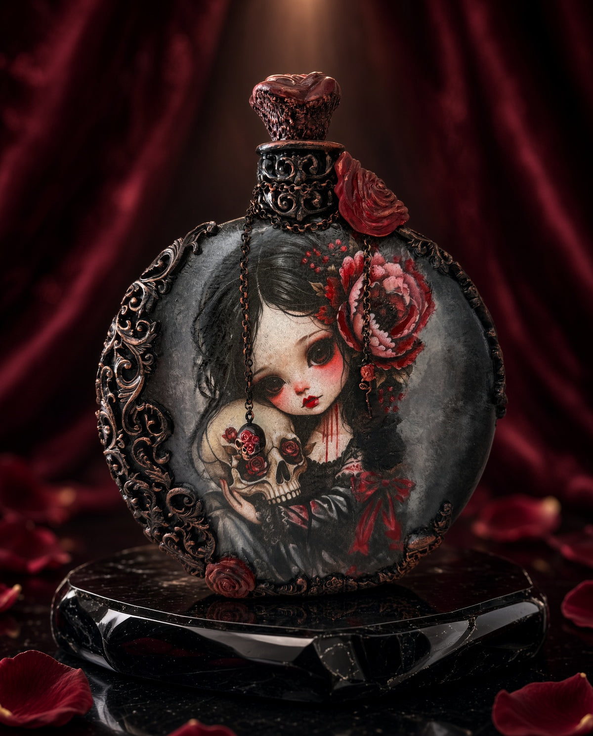 Close-up of skull and red peony decoupage on the Gothic Romance glass bottle
