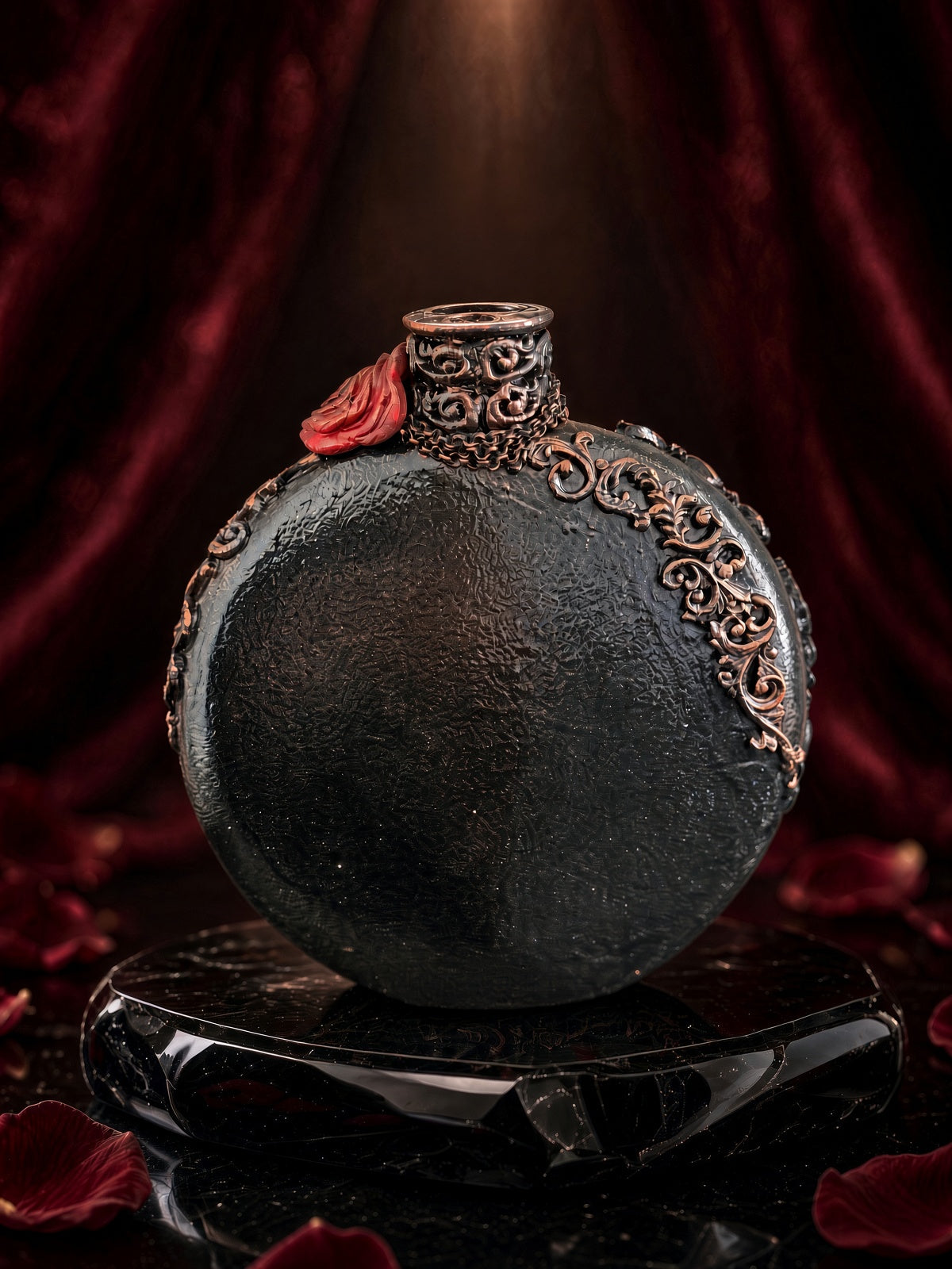 Round black bottle with bronze scrollwork and red rose for Gothic Romance