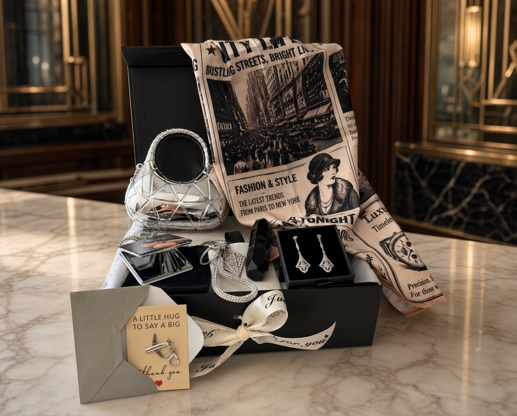 New York Art Deco gift box with silver geometric clutch, city print scarf and earrings